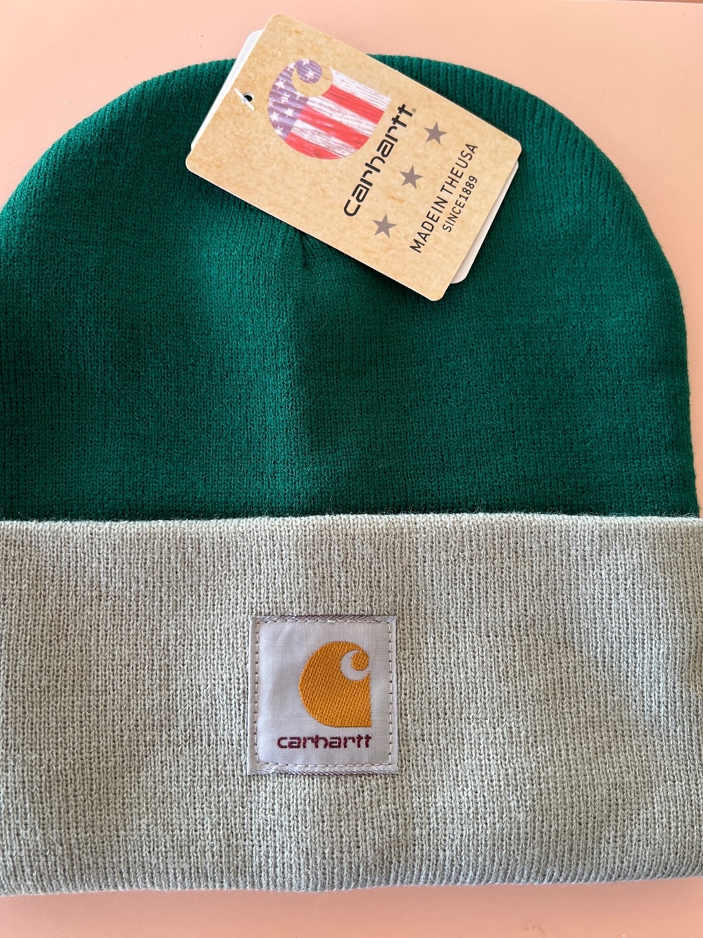 Carhartt A18 Green Gray Two Tone Cuffed Beanie Made in USA NWT